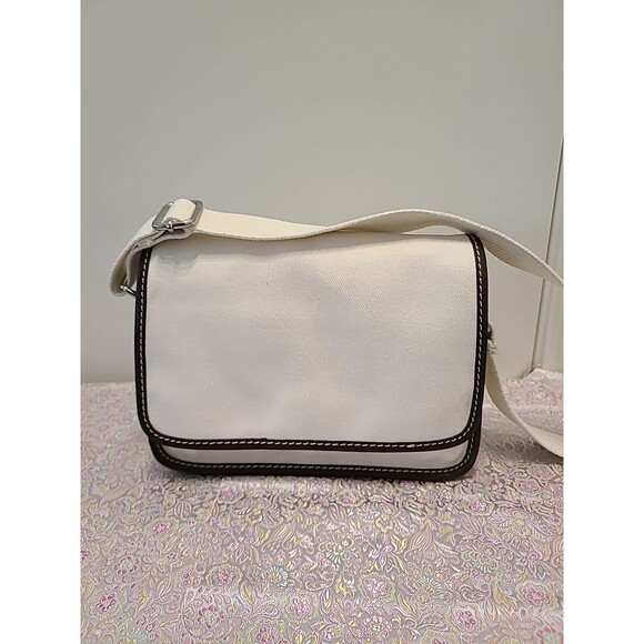 Vintage New Lands End Beige Canvas Crossbody Purse W/BROWN Leather Strap Trim - Picture 2 of 8